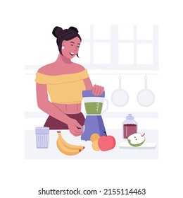 Making a smoothie isolated cartoon vector illustrations. Smiling girl makes a smoothie for breakfast, fresh fruit drinks preparation, home kitchen appliances, healthy nutrition vector cartoon.