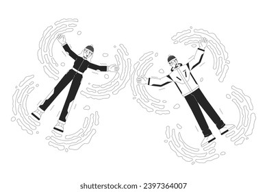Making snow angels black and white cartoon flat illustration. Winter family fun 2D lineart characters isolated. Caucasian adults wearing ski suits. Snow outdoor monochrome scene vector outline image