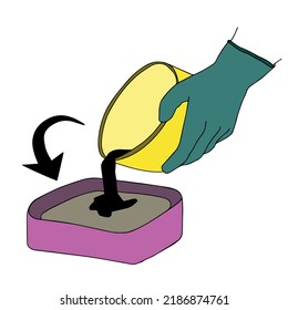 Making soap by hand. Production of homemade soap. Process. Manual pouring of soap into the mold. For beauty salon, bathroom or spa, website, blog. Vector illustration.