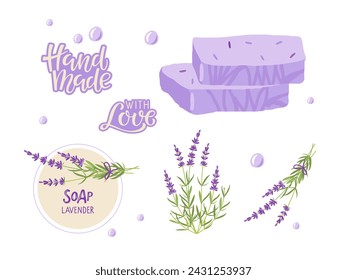 Haciendo jabón. Barras de jabón de lavanda natural hecho a mano con etiquetas y hierba de lavanda. Vector plano Ilustración aislado. Banner de cuidado corporal a base de hierbas, embalaje, productos de spa orgánicos naturales cosméticos