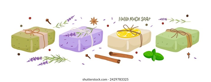 Making soap with natural ingredients. Handmade natural soap bar set. Natural soap with plants, spices, herb. Vector flat Illustration. Aromatherapy and skin hygiene eco herbal cosmetics for bath