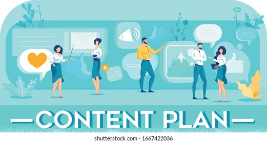 Making Social Media Marketing Content Plan and Developing Effective Strategy for Blog. Five Creative Men and Women Setting Business Goals, Identifying Right Audience and Creating Editorial Calendar.