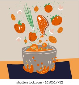 Making soup vector concept. Pot with bubbling delicious food on a fire and all ingredients around it - vegetables, meat, seasonings and Flavoring. Professional and Home cooking concept