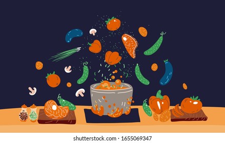 Making soup vector concept. Pot with bulbing delicious food on a fire and all ingredients around it - vegetables, meat, seasonings and Flavoring. Professional and Home cooking concept