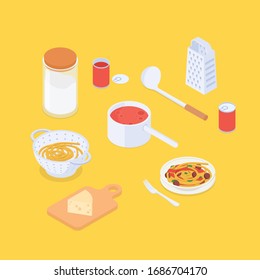 Making spaghetti set. Isometric vector illustration in flat design.
