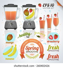 Making a spring smoothie (vector illustration of blenders, glasses, fruits, drinks, badges)