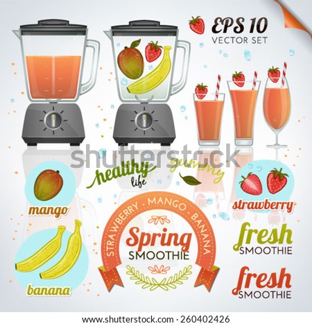 Making a spring smoothie (vector illustration of blenders, glasses, fruits, drinks, badges)