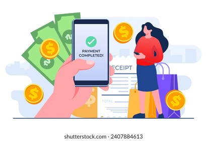 Making a successful online payment on hand holding smartphone, Woman using mobile banking services and secure transactions during online shopping, E-commerce, Cashless payment, Internet banking
