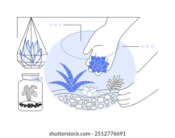 Making succulent terrarium isolated cartoon vector illustrations. Woman works with terrarium container closeup, succulent soil mix, workshop, master class, art therapy vector cartoon.