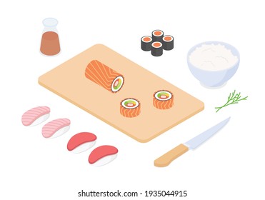 Preparando sushi - pescado, marisco. Isometric vectorial ilustración en diseño plano.
