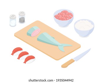 Making sushi set - fish, seafood. Isometric vector illustration in flat design.