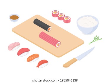 Making sushi set - fish, seafood. Isometric vector illustration in flat design.