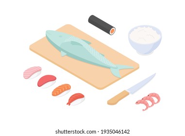 Making sushi set - fish, seafood. Isometric vector illustration in flat design.