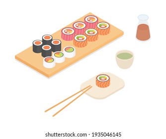 Making sushi set - fish, seafood. Isometric vector illustration in flat design.
