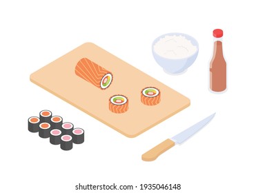 Making sushi set - fish, seafood. Isometric vector illustration in flat design.
