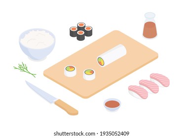 Making sushi set - fish, seafood. Isometric vector illustration in flat design.