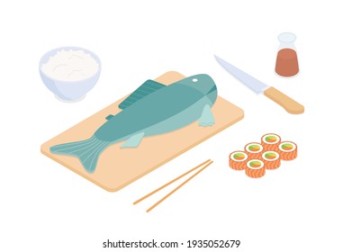 Making sushi set - fish, seafood. Isometric vector illustration in flat design.