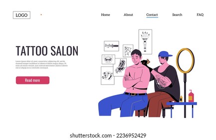 Making tattoo landing. Cartoon professional tattooist with ink needle machine at work, master with client in salon flat website page design. Vector illustration. Man drawing on back with equipment