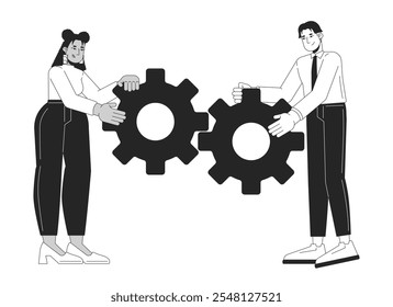 Making things happen black and white 2D illustration concept. Teamwork improvement. Positive young coworkers connecting cogwheels outline characters isolated. Metaphor monochrome vector art