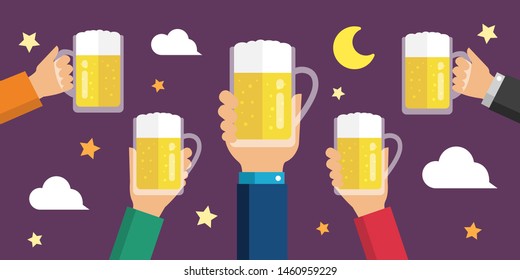  Making a toast with beer/  beer garden
flat banner illustration