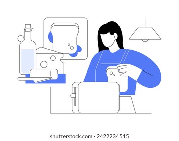 Making a toast isolated cartoon vector illustrations. Woman in apron putting a slice of bread in the toaster, healthy lifestyle, home kitchen appliances, cooking breakfast vector cartoon.