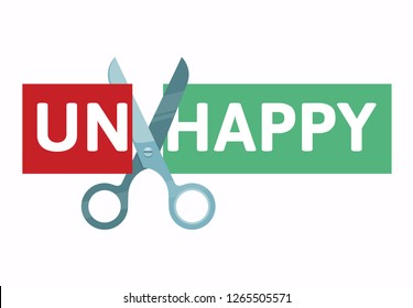 Making unhappy to happy by scissors. Motivation. Vector illustration.
Be happy poster, banner concept. Flat, isolated.