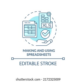 Making and using spreadsheets turquoise concept icon. Critical thinking skill abstract idea thin line illustration. Isolated outline drawing. Editable stroke. Arial, Myriad Pro-Bold fonts used
