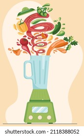 Making vegetables fresh smoothie in electric blender, preparation healthy organic food. Carrot, broccoli, tomato, mushroom, cucumber juice in a flat cartoon style. Vector illustration. 