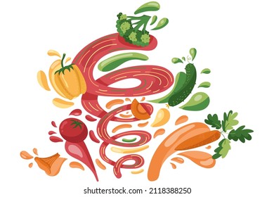 Making vegetables fresh smoothie, preparation healthy organic food. Carrot, broccoli, tomato, mushroom, cucumber juice in a flat cartoon style. Vector illustration. 