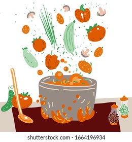 Making vegetarian soup vector concept. Pot with bulbing delicious veg food on a fire and all ingredients around it - vegetables, greenery, seasonings and Flavoring. Professional and Home cooking.