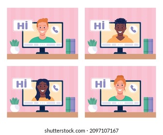 Making video call at home flat color vector illustrations set. Video conferencing. Connection with remote employees 2D cartoon characters collection with computer monitor on background