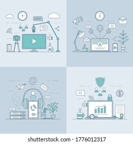 Making video content, vlogging, data analysis or investing application, audiobook or podcast application, social network, and internet communication vector cartoon outline illustration.