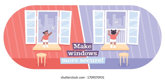 Making window safe for kids flat oval composition with opened glass panels dangerous and childproof vector illustration 