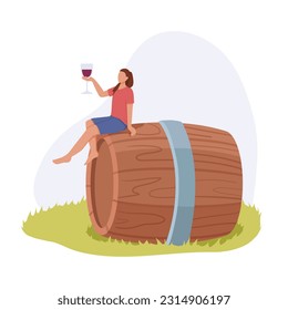 Making wine from organic grapes, berries. Female character sits on wooden barrel and tastes red wine. Glass of natural wine to try. High quality alcoholic drink made of natural ingredients