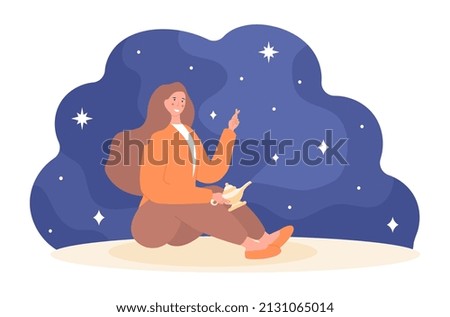 Making wish concept. Young girl with lamp dreaming. Faith and hope. Character looks at starry sky, traditions and rituals for good luck. Woman outdoor at night. Cartoon flat vector illustration