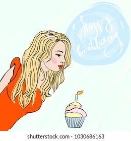 Making a Wish. Young woman blowing a candle on a birthday cake. Happy Birthday card. Vector illustration