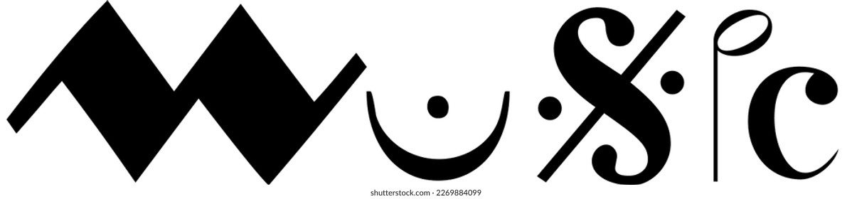 Das Wort "Musik" wird mit Musiksymbolen, wie z.B. Clef, Notation usw., mit schwarzer Basisfarbe gemacht.