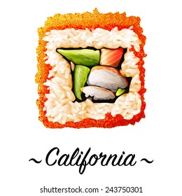 Maki-zushi California sushi roll containing crab meat, rice, caviar, avocado, cucumber on a white background. Japanese cuisine, traditional food icon. Pixel perfect isolated vector illustration