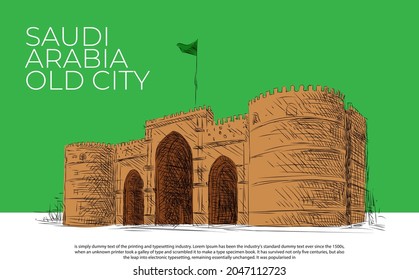 Makkah gate in jeddah old city, saudi arabia. vector line Art.