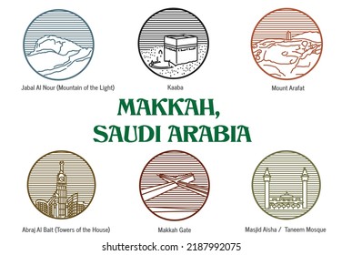 Makkah Saudi Arabia Landmarks in Circular lines concept. 