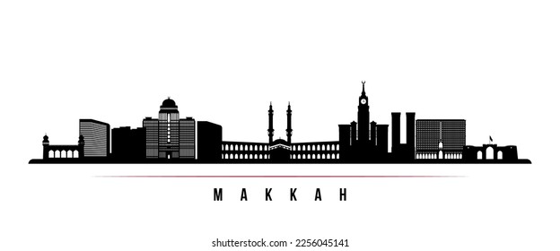 Makkah skyline horizontal banner. Black and white silhouette of Makkah, Saudi Arabia. Vector template for your design. 