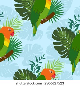 Mako parrots with green palm leaves on a blue background. Vector seamless pattern. Tropical illustration with birds and plants.