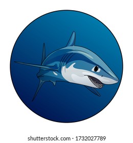 Mako shark. Swimming shark in a blue circle. Animal illustration Logotype for diving business or underwater aquarium center. Isolated on white background. Deep sea ocean wildlife predator logo icon