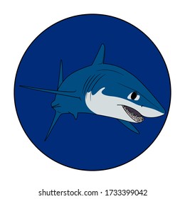 Mako shark. Swimming shark in a blue circle. Animal illustration Logotype for diving business or underwater aquarium center. Isolated on white background. Deep sea ocean wildlife predator logo icon