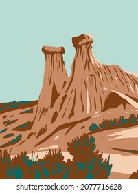 Makoshika State Park with Rock Formations in Dawson County Montana USA WPA Poster Art
