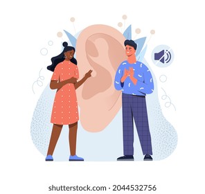 Mal and female deaf characters are talking with hand gestures on white background. Ear and mute sign. Concept of hearing loss, communication, sign language. Flat cartoon vector illustration