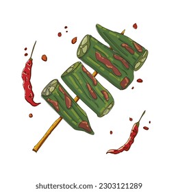 Mala grilled barbecue (BBQ) with Sichuan pepper, with falling seasonings mala powder and chilli,Hot and spicy and delicious street food vector isolated