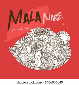 Mala hot pot, traditional chinese hot and spicy soup. hand draw sketch vector.