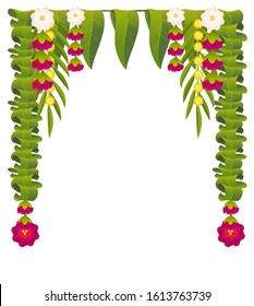 Mala indian flower garland for ugadi holiday. Floral mango leaves ornate decoration. Isolated on white vector illustration