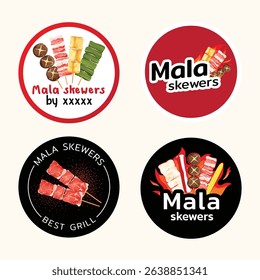 Mala skewers vector illustration. Delicious grilled meat and vegetables on sticks. Popular Asian food, spicy Sichuan cuisine, perfect for food stickers.